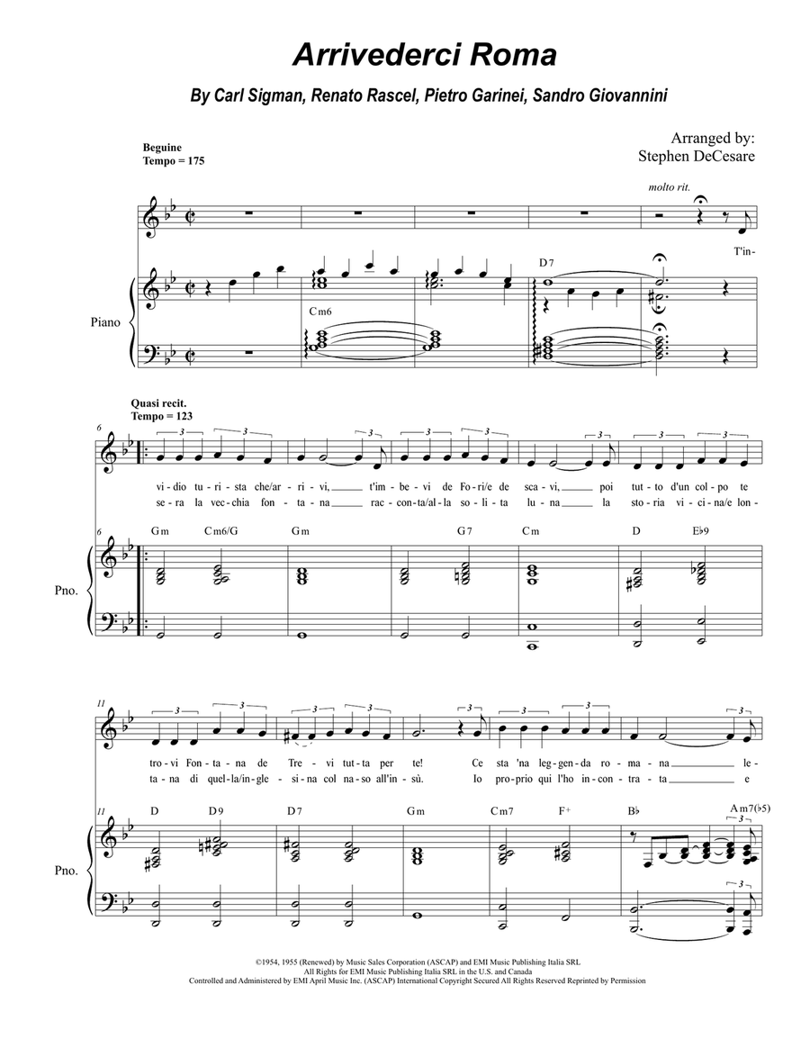 Arrivederci Roma (goodbye To Rome) Unison Choir scores gallery preview page 1