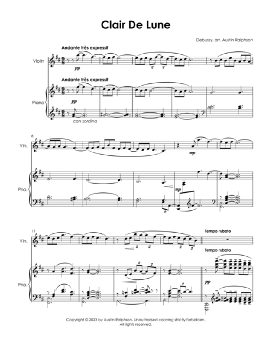 Clair De Lune (Debussy) - violin and piano with FREE BACKING TRACK Violin Solo scores gallery preview page 3