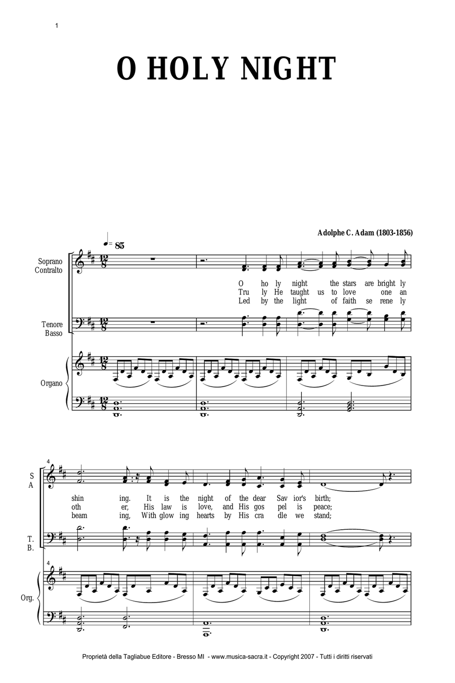 O HOLY NIGHT - A. ADAM - SATB Choir and organ 4-Part scores gallery preview page 1