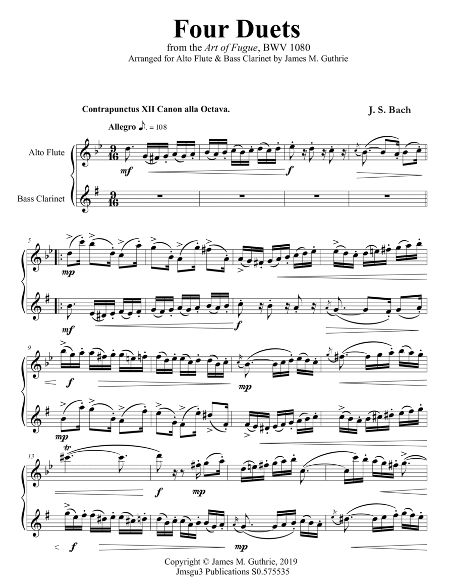 Bach: Four Duets from the Art of Fugue for Alto Flute & Bass Clarinet image number null