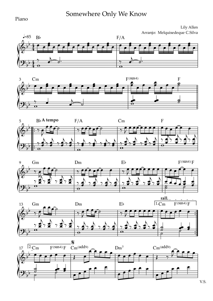 Somewhere Only We Know Piano Solo scores gallery preview page 1