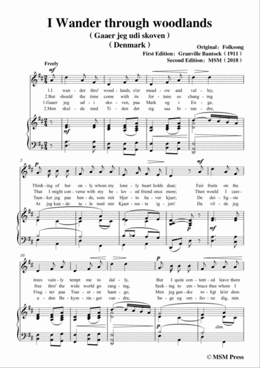 Bantock-Folksong,I Wander through woodlands(Gaaer jeg udi skoven),in D Major,for Voice and Piano Voice Solo scores gallery preview page 3