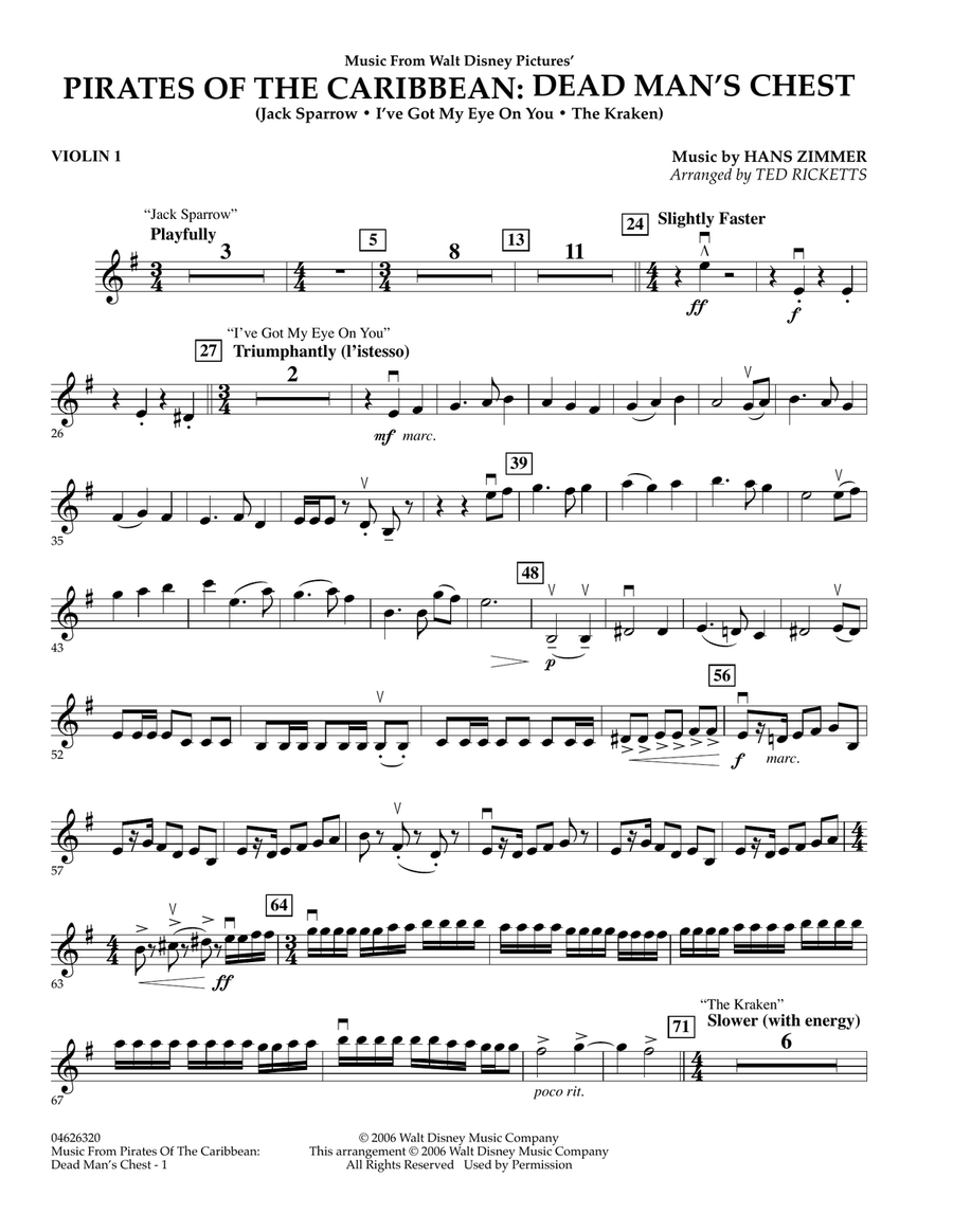 Music from Pirates of the Caribbean: Dead Man's Chest - Violin 1 Orchestra scores gallery preview page 1