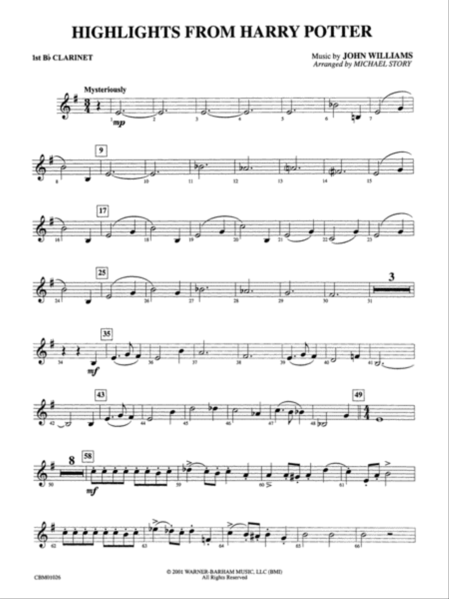 Harry Potter, Highlights from: 1st B-flat Clarinet Concert Band scores gallery preview page 1