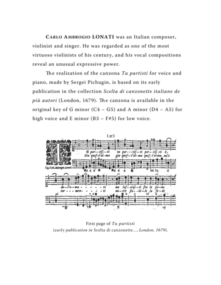 LONATI Carlo Ambrogio: Tu partisti, canzona, arranged for Voice and Piano (G minor) image number null