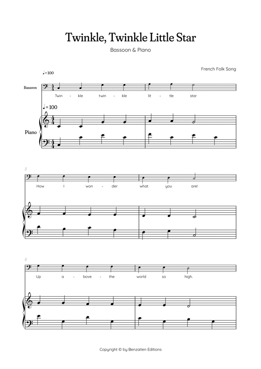 Twinkle, Twinkle Little Star • Easy bassoon sheet music with easy piano accompaniment image number null