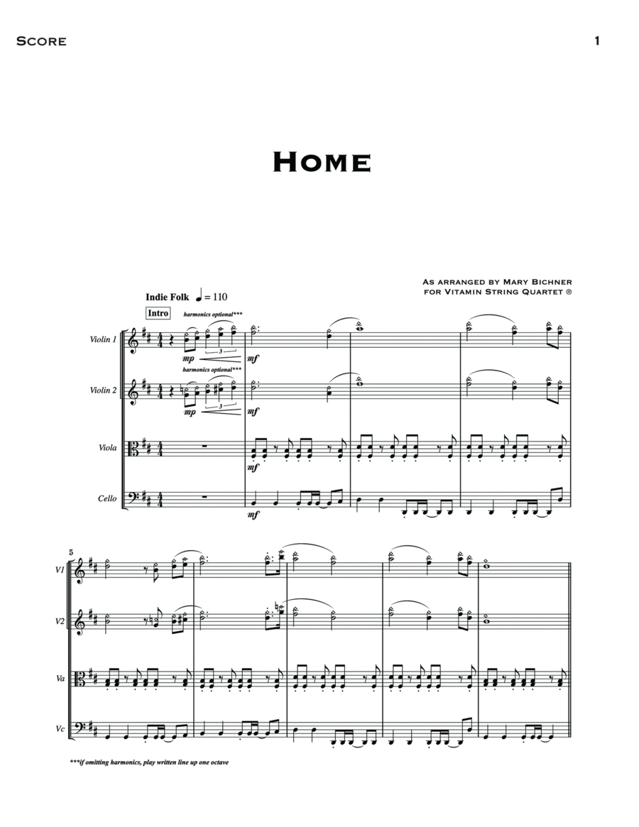Home (arr. Mary Bichner) - Full Score String Quartet scores gallery preview page 1