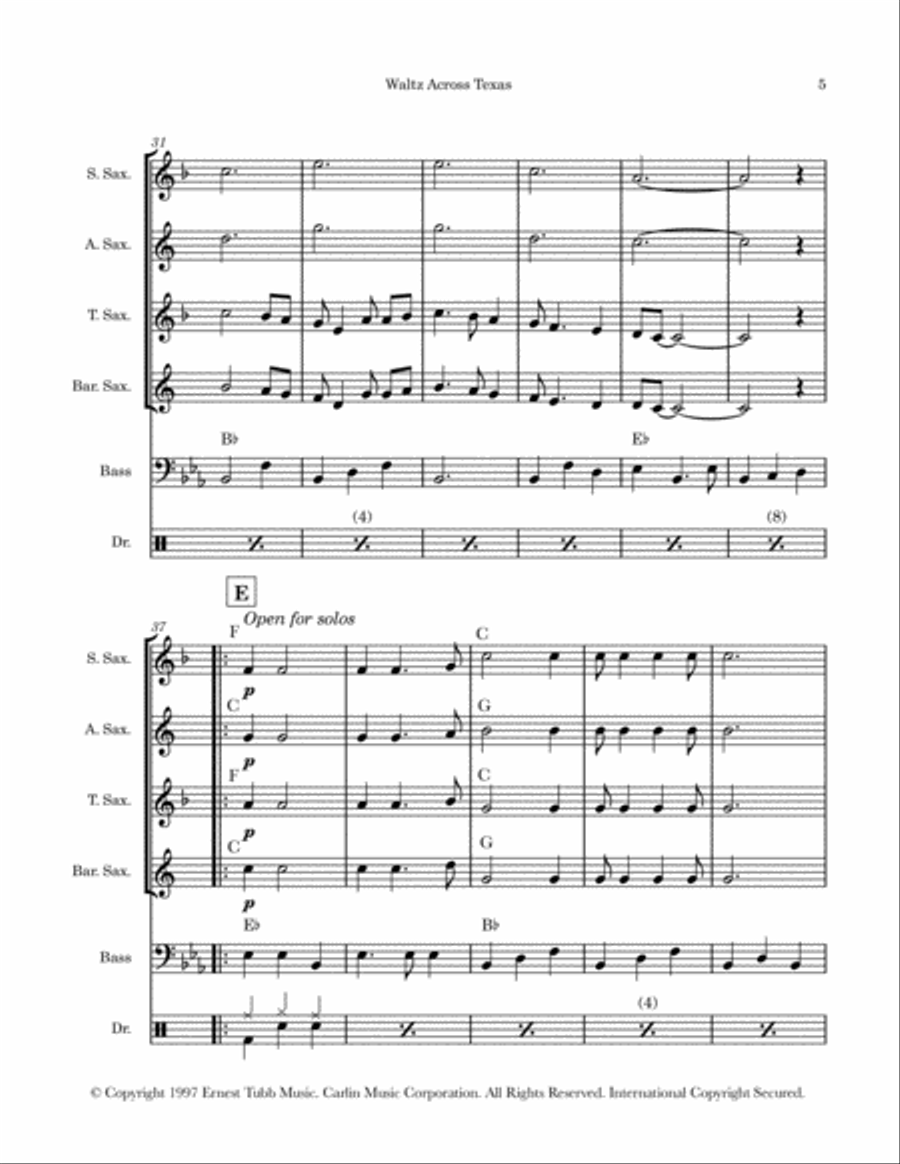 Waltz Across Texas Saxophone Quartet scores gallery preview page 5