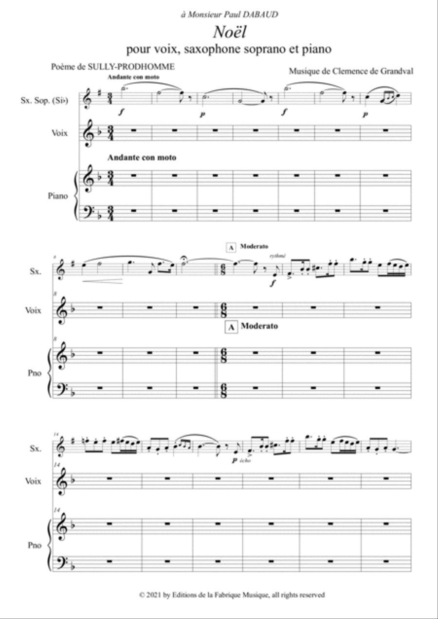 Clemence de Grandval : Noel for voice, soprano saxophone and piano Chamber Music scores gallery preview page 3