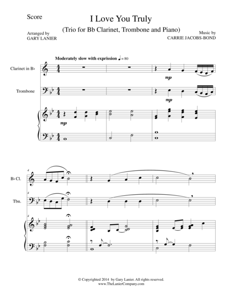 I LOVE YOU TRULY (Trio – Bb Clarinet, Trombone, and Piano with Score and Parts) image number null