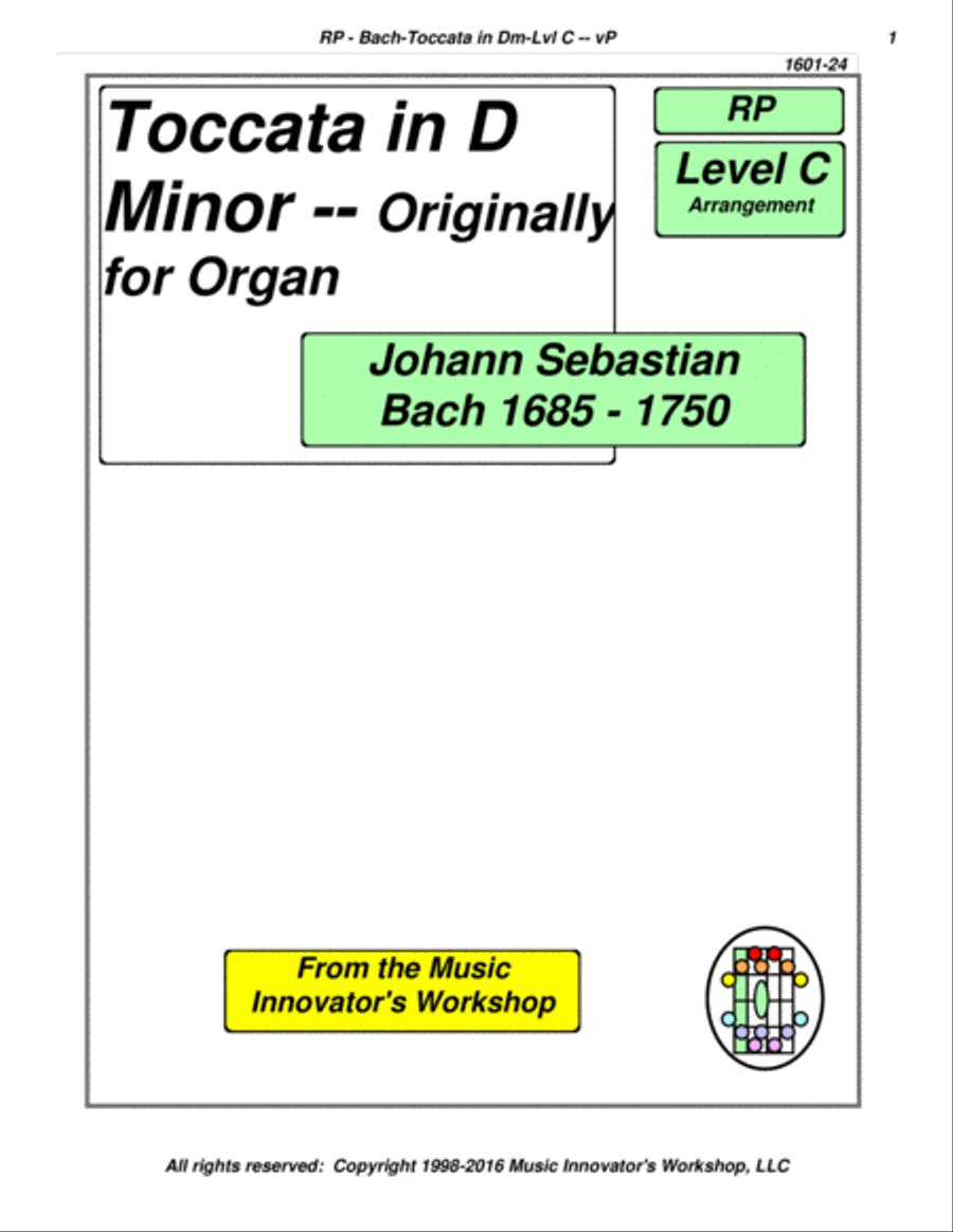 Bach - Toccata in D Minor - Level C - Arr for Piano - (Key Map Tablature) Piano Solo scores gallery preview page 1