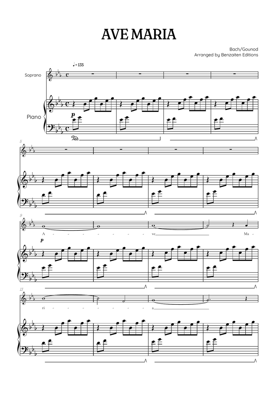 Bach / Gounod Ave Maria in E flat major [Eb] • soprano sheet music with piano accompaniment Soprano Voice scores gallery preview page 1
