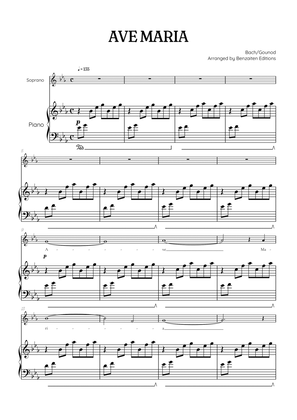 Bach / Gounod Ave Maria in E flat major [Eb] • soprano sheet music with piano accompaniment
