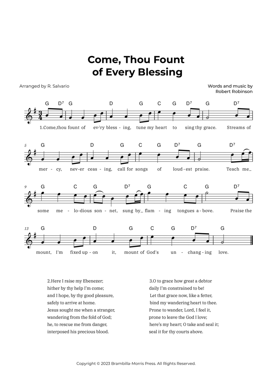 Come Thou Fount of Every Blessing (Key of G Major) Piano scores gallery preview page 1
