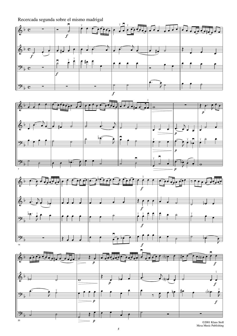Diego Ortiz,Madrigal, Canción e Recercada from: Tratado de Glosas Sobre Clausulas Y Otros Generos String Quartet scores gallery preview page 5