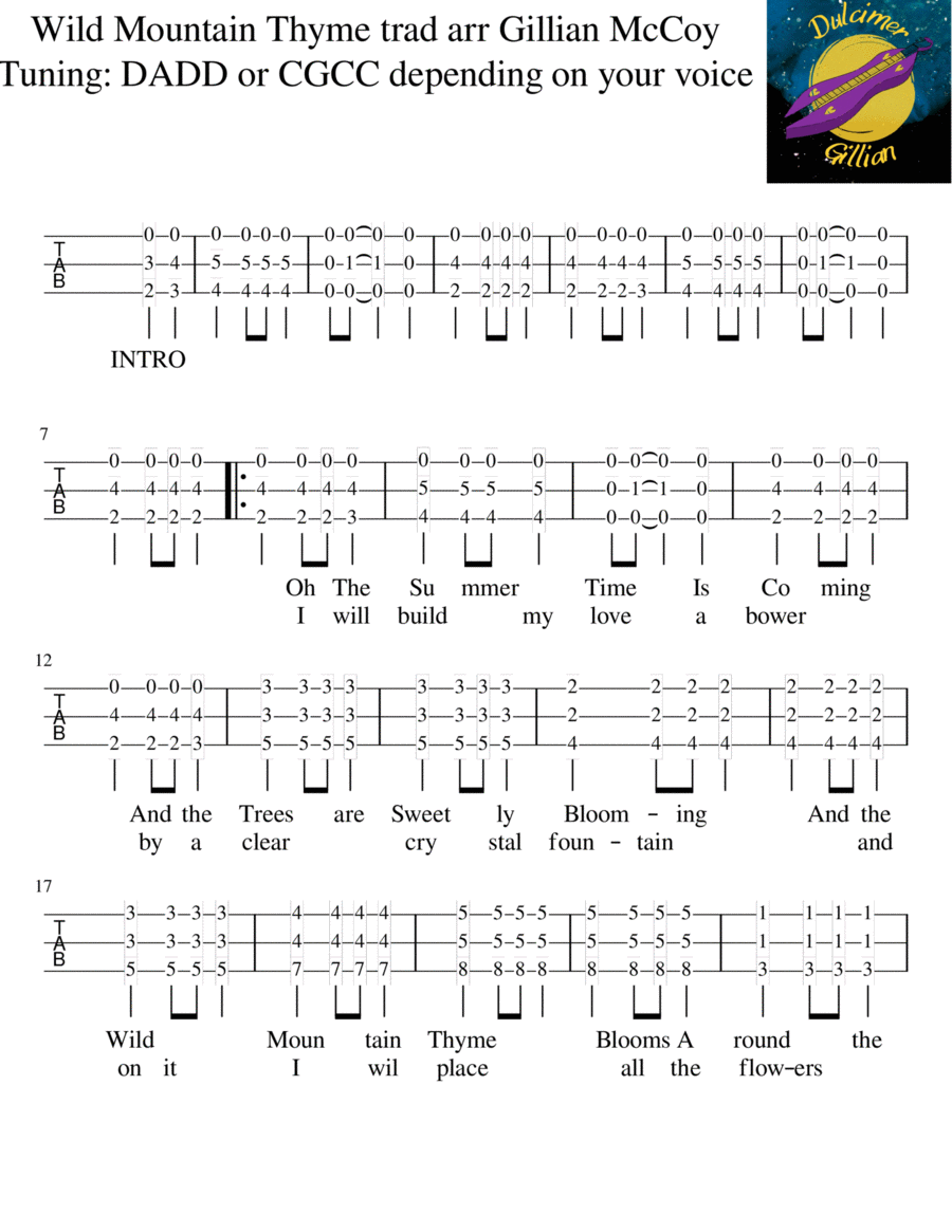 Wild Mountain Thyme Mountain Dulcimer Chords Voice scores gallery preview page 1