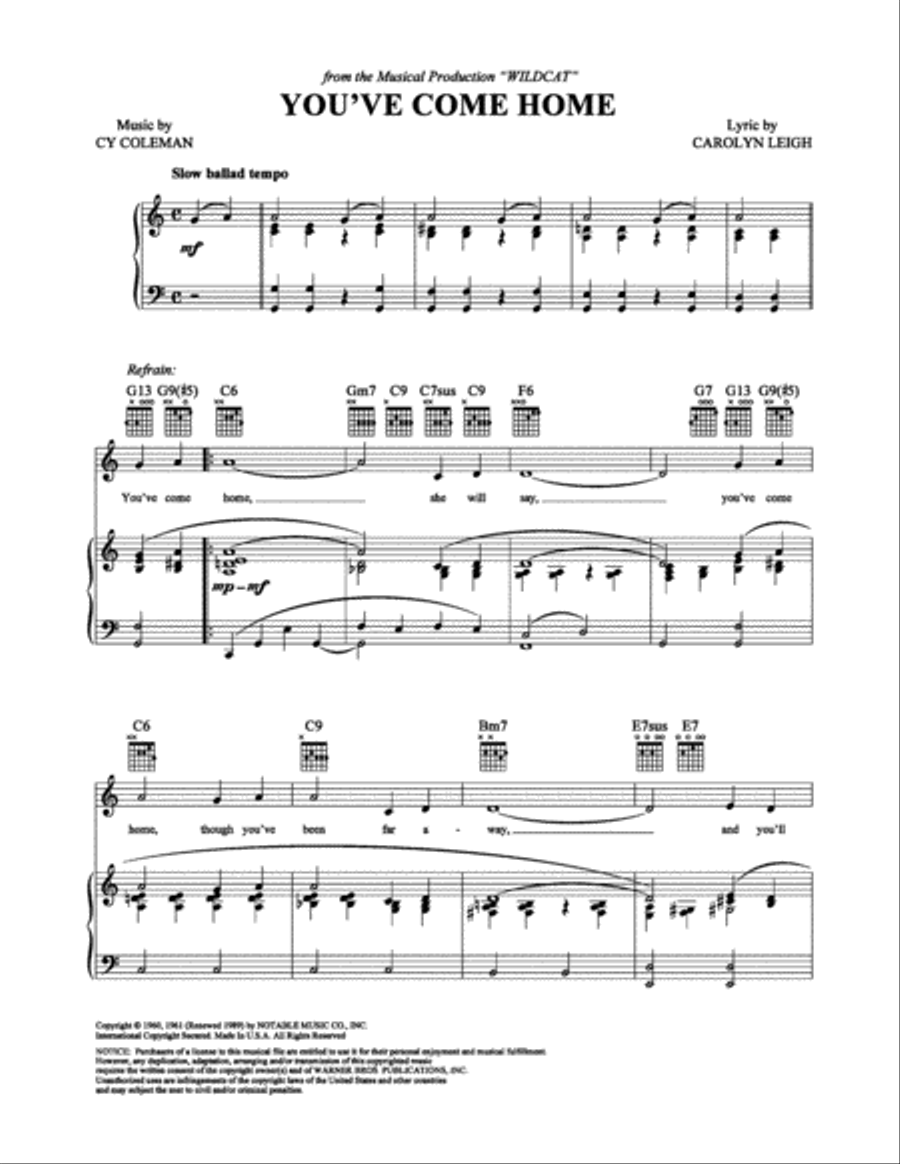 You've Come Home You've Come Home Piano, Vocal, Guitar scores gallery preview page 1
