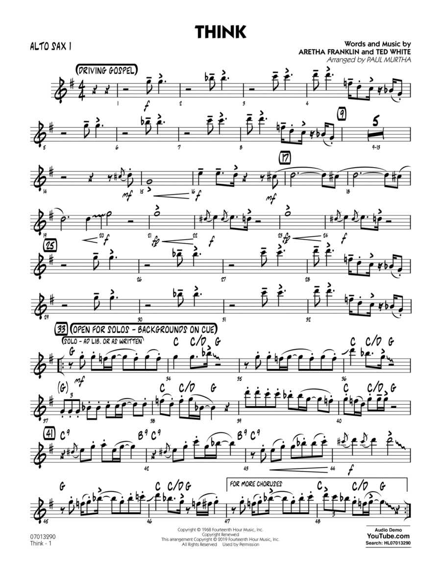 Think (arr. Paul Murtha) - Alto Sax 1 Alto Saxophone scores gallery preview page 1