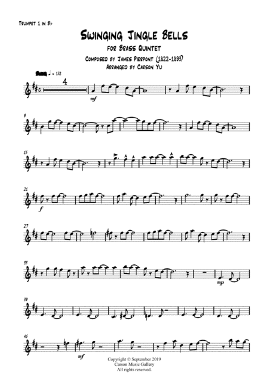 Swinging Jingle Bells - for Brass Quintet (arr. Carson Yu) Brass Quintet scores gallery preview page 3