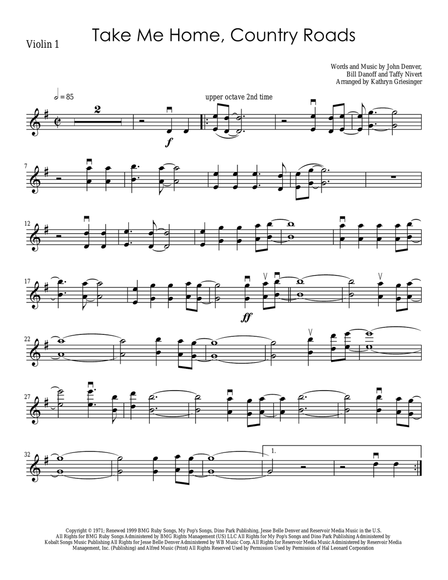 Take Me Home, Country Roads String Quartet scores gallery preview page 1
