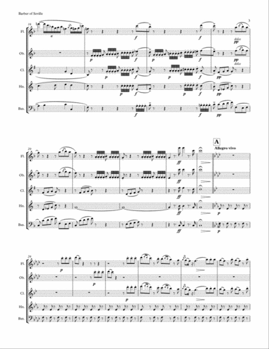 Rossini: The Barber of Seville, Overture arranged for Woodwind Quintet (in F major) Woodwind Quintet scores gallery preview page 3
