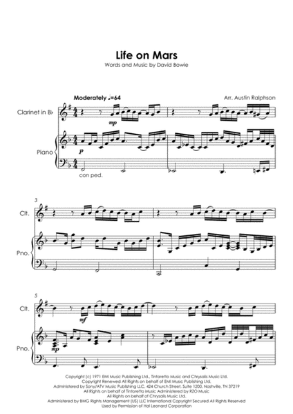 Life On Mars by David Bowie Clarinet Solo - Digital Sheet Music