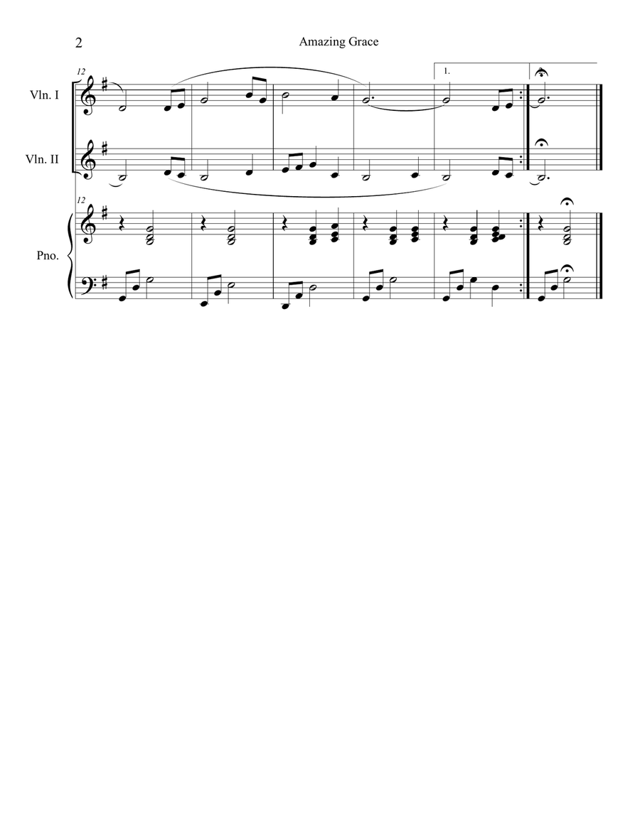 Amazing Grace (violin duet with optional piano accompaniment) String Duet scores gallery preview page 2