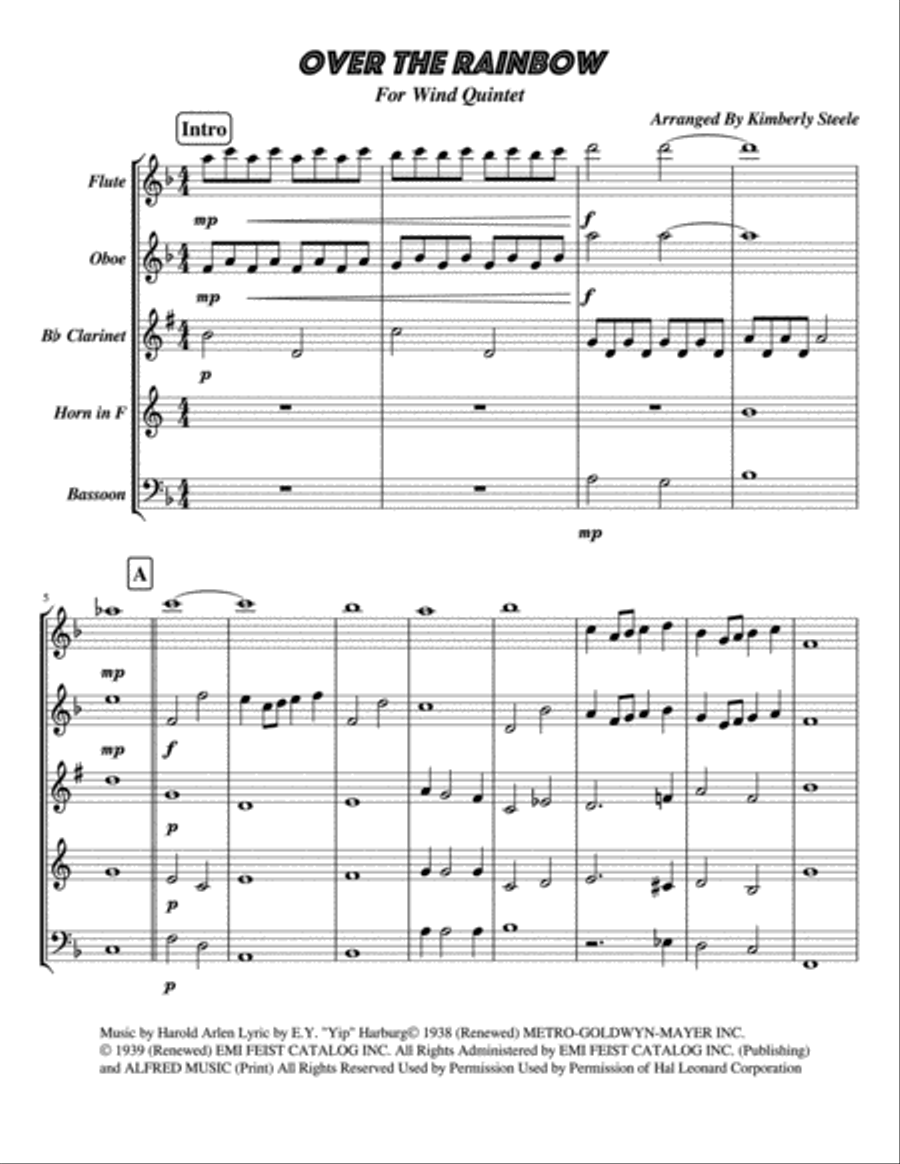 Over The Rainbow (from The Wizard Of Oz) Woodwind Quintet scores gallery preview page 1