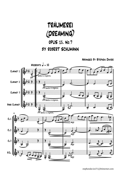 'Traumerei (Dreaming)' Op.15 No.7 by Robert Schumann for Clarinet Quartet. image number null