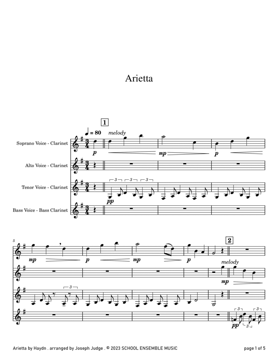 Arietta by Haydn for Clarinet Quartet in Schools Clarinet Quartet scores gallery preview page 1