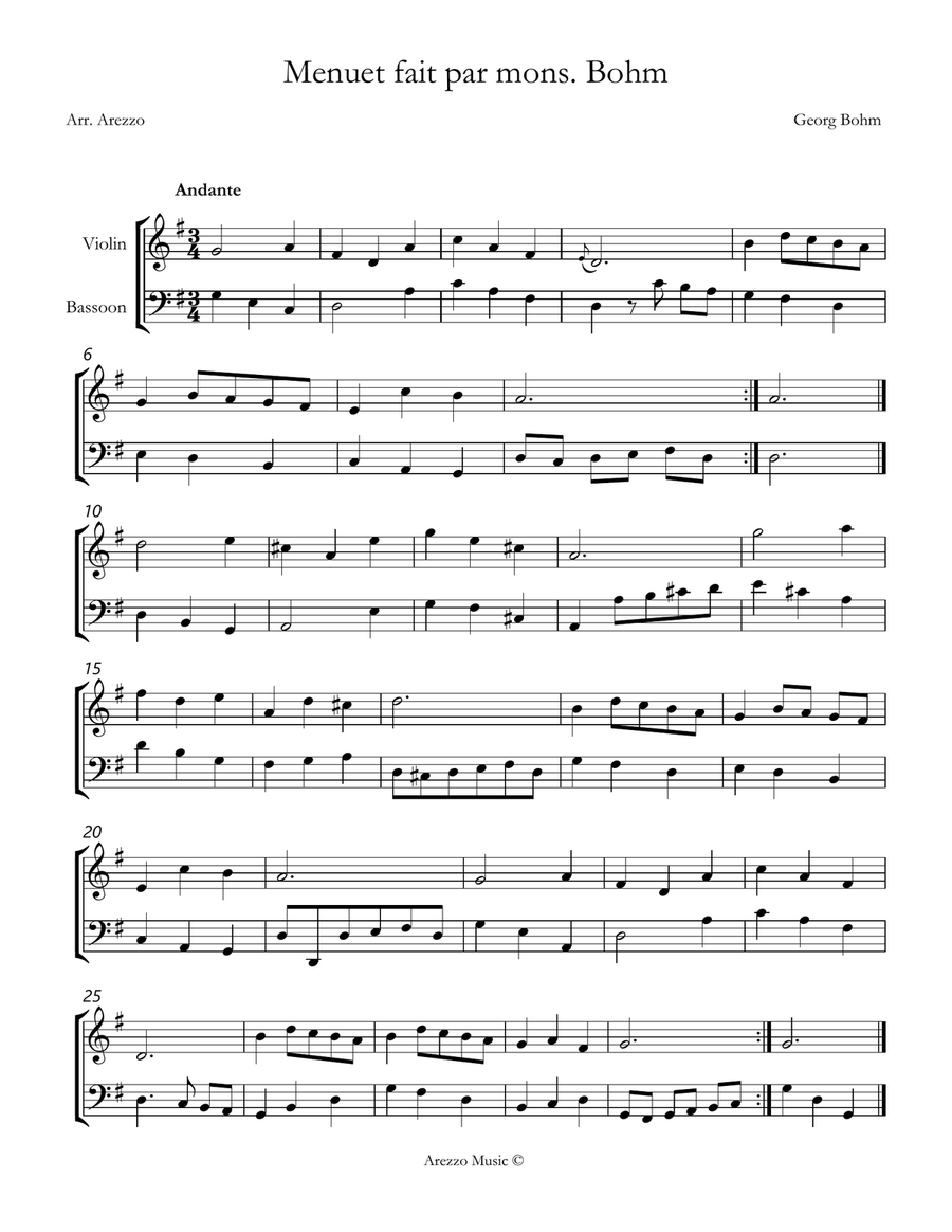 menuet fait par mons bohm violin and Bassoon sheet music Chamber Music scores gallery preview page 1