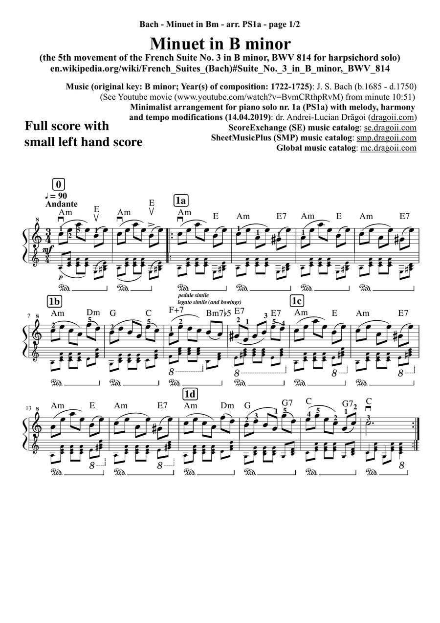 J. S. Bach - Minuet in B minor (from the 5th movement of the French Suite No. 3 in B minor, BWV 814 Easy Piano scores gallery preview page 3