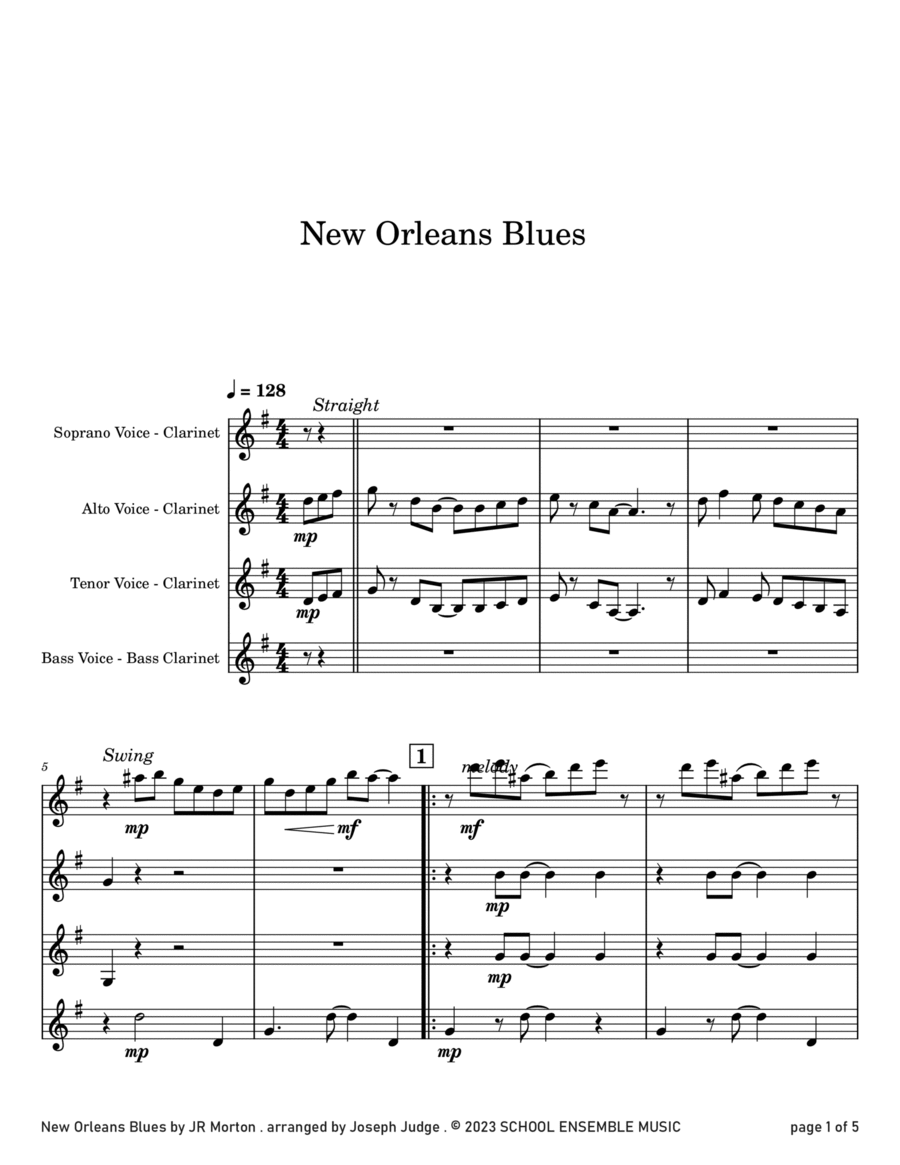 New Orleans Blues by Morton for Clarinet Quartet in Schools image number null