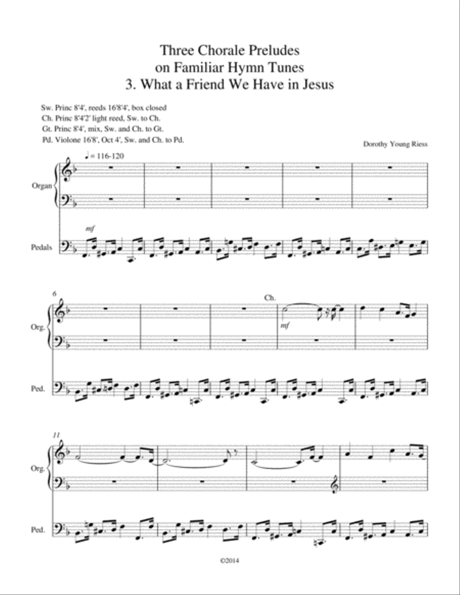 Three Chorale Preludes on Familiar Hymn Tunes, 3. What a Friend We Have In Jesus Organ Solo scores gallery preview page 1