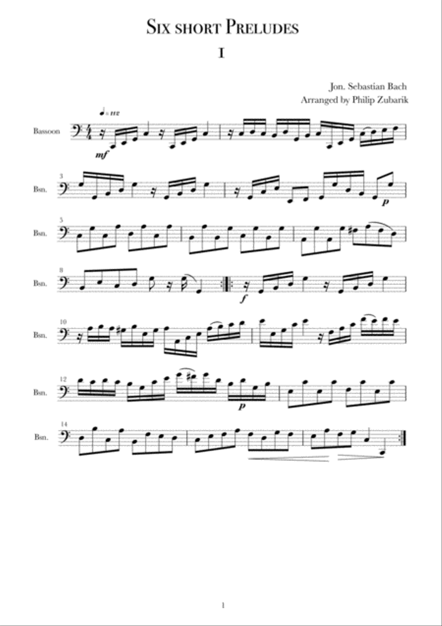 Six Short Preludes by Bach arranged for 2 Bassoons or 2 Cellos. image number null