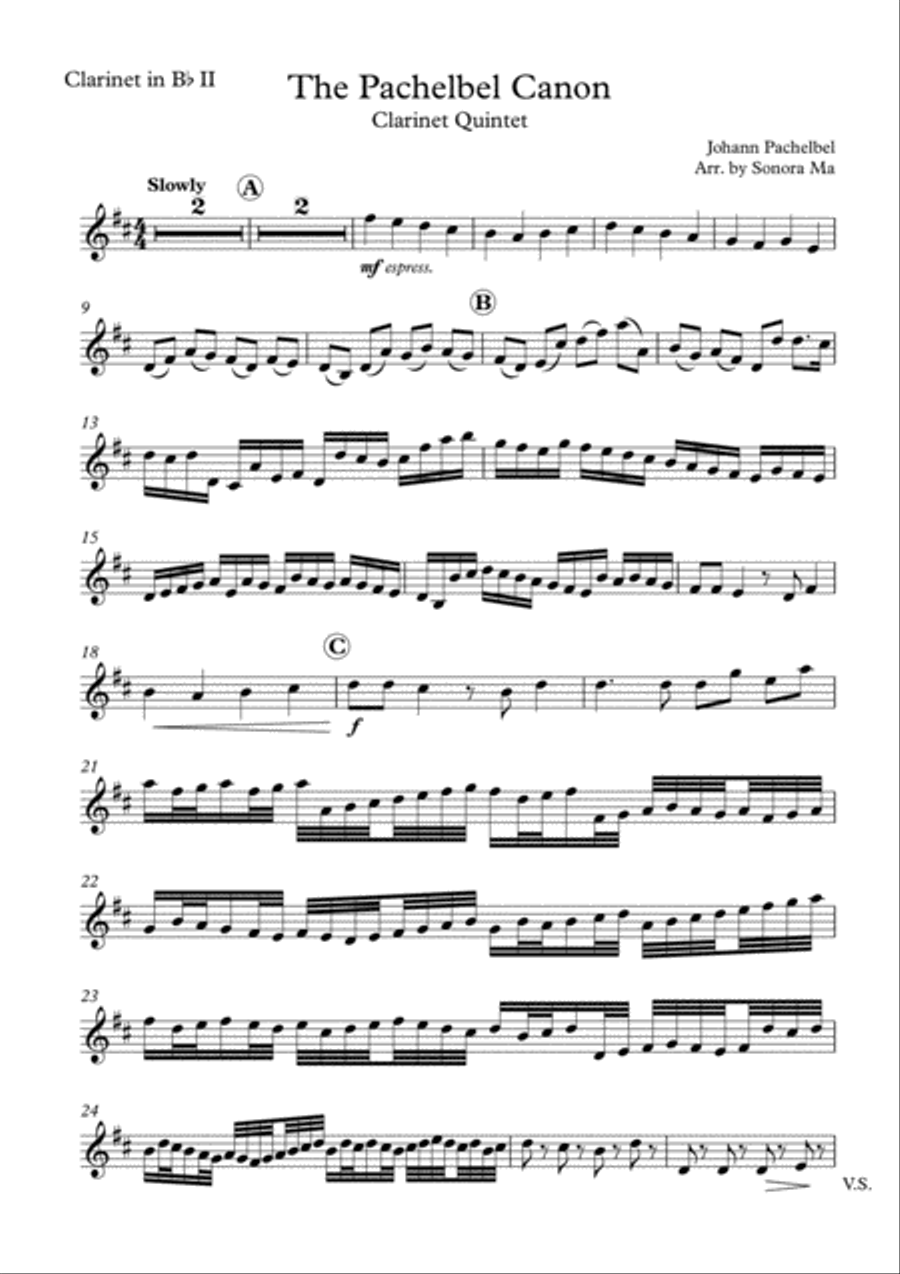 The Pachelbel Canon - Clarinet Quintet Clarinet Quintet scores gallery preview page 1