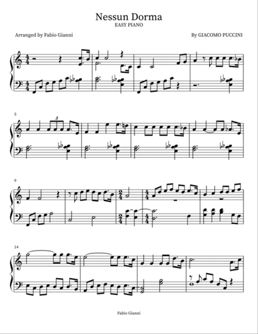 Nessun Dorma Easy Piano scores gallery preview page 2