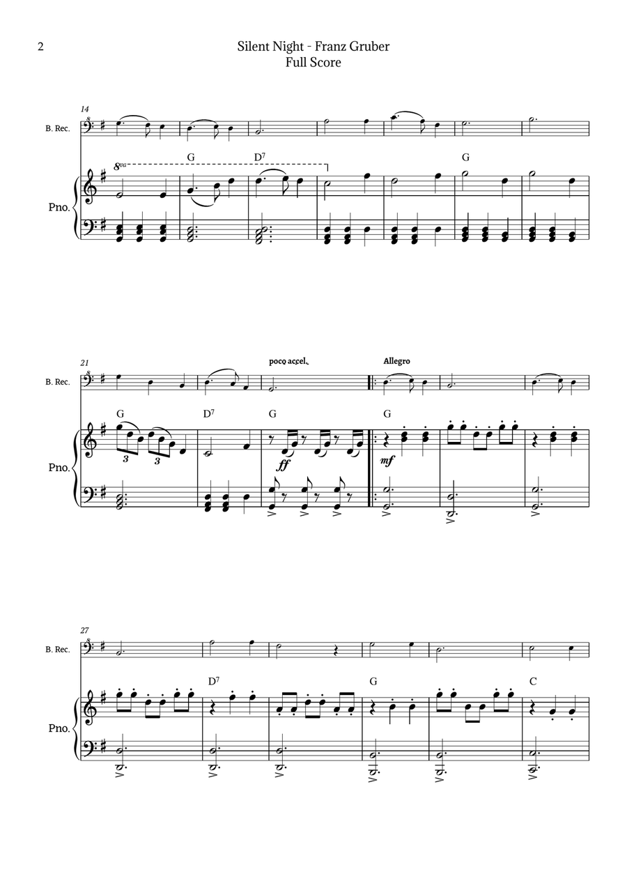 Silent Night for Bass Recorder and Piano Chamber Music scores gallery preview page 2