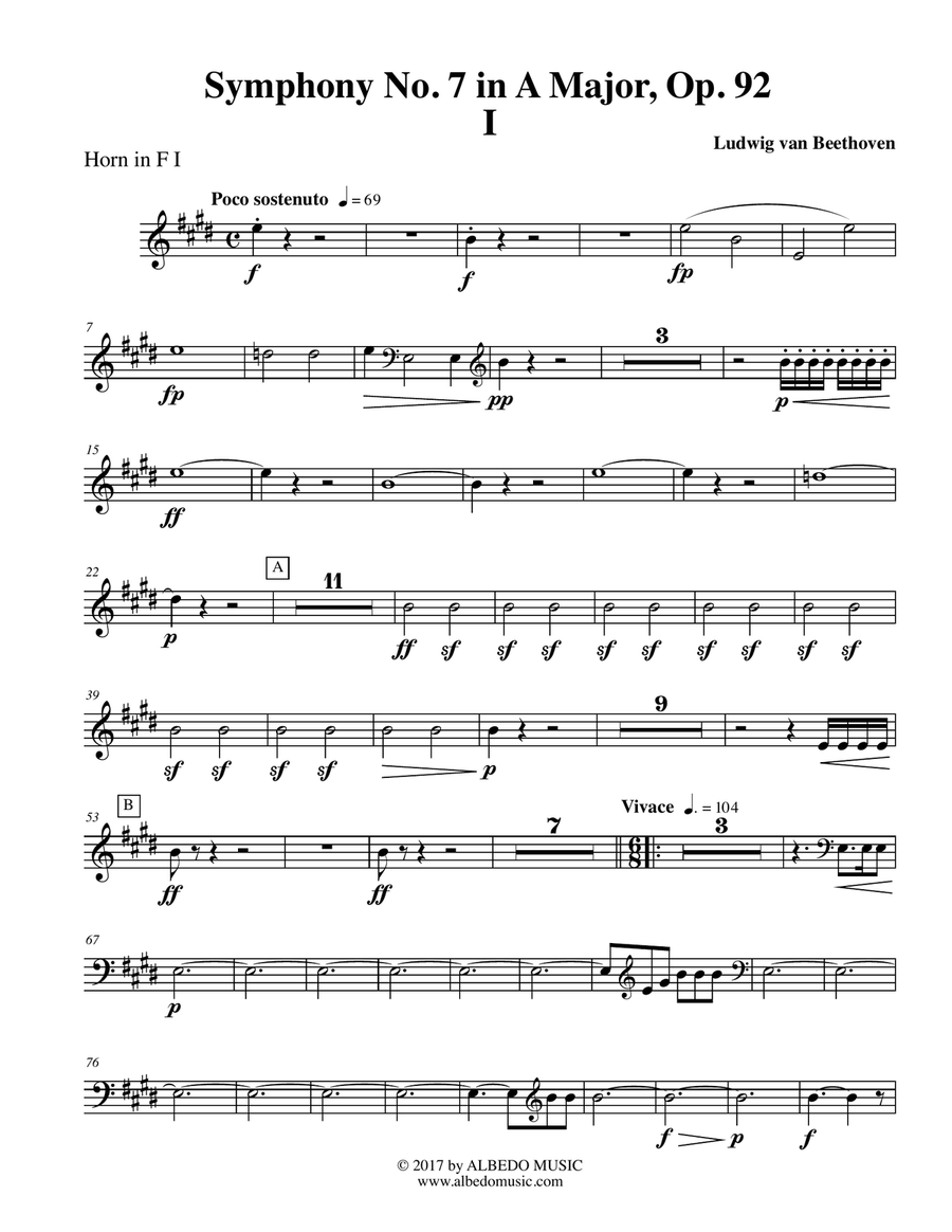 Beethoven Symphony No. 7, Movement I - Horn in F 1 (Transposed Part), Op. 92 Horn Solo scores gallery preview page 1