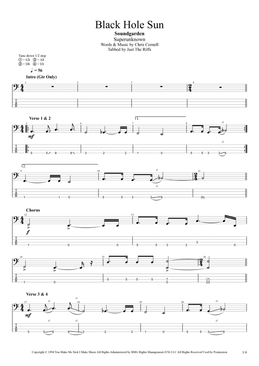 Black Hole Sun Bass Guitar scores gallery preview page 1