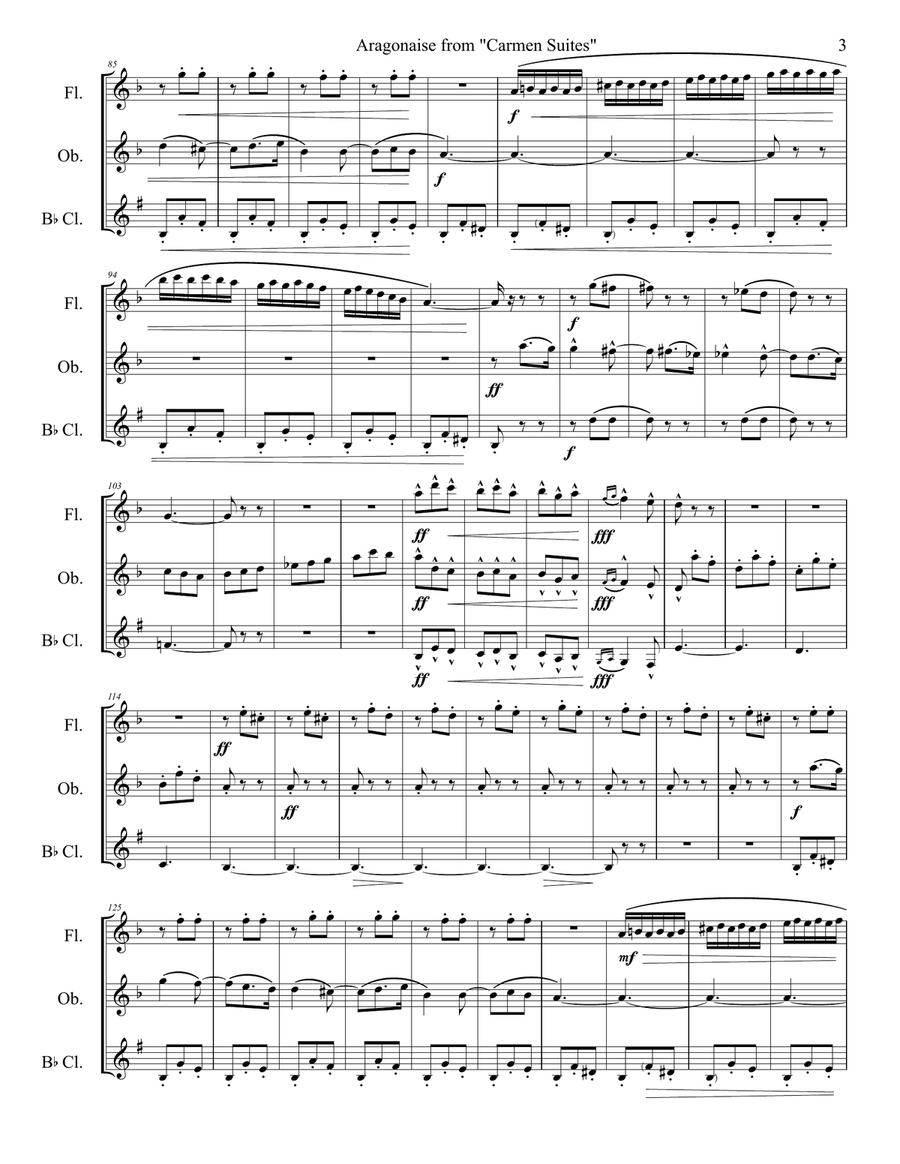 Aragonaise from Carmen - woodwind trio (flute, oboe, clarinet) Woodwind Trio scores gallery preview page 3