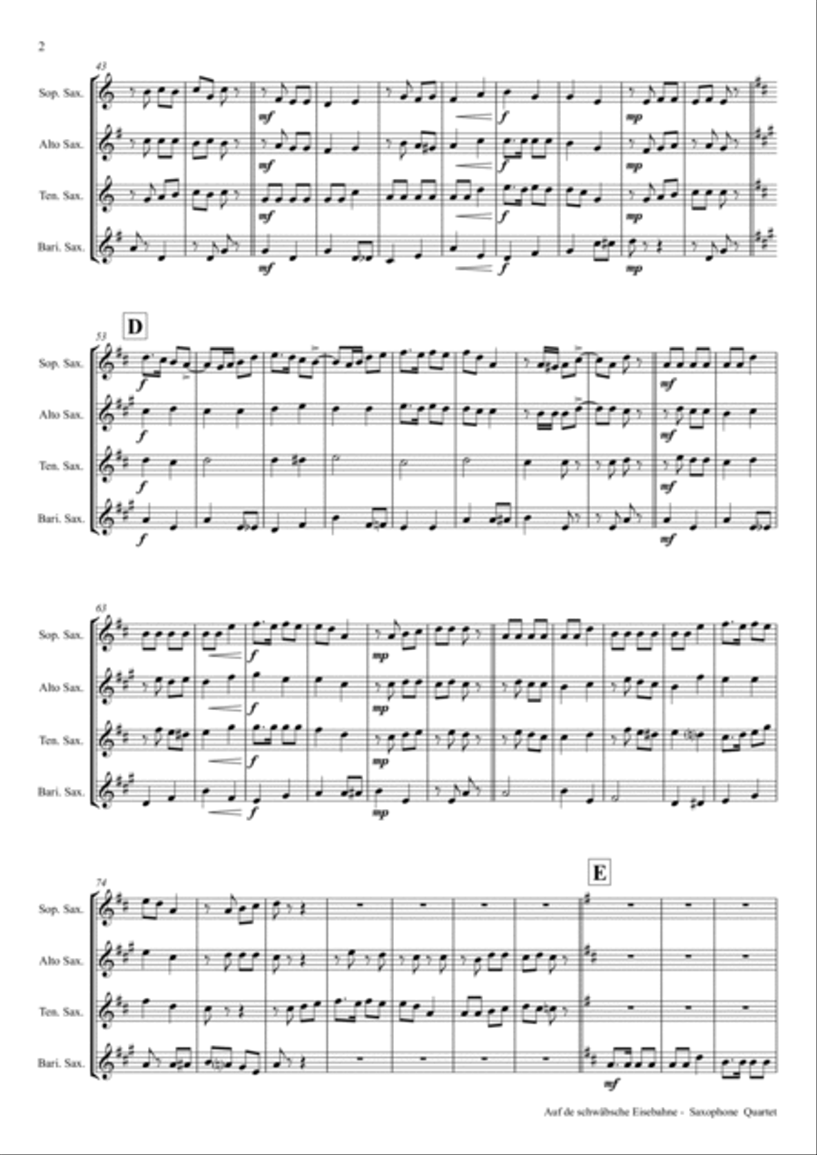 Auf der schäbsche Eisebahne - Swabian anthem/Oktoberfest - Saxophone Quartet Saxophone Quartet scores gallery preview page 2