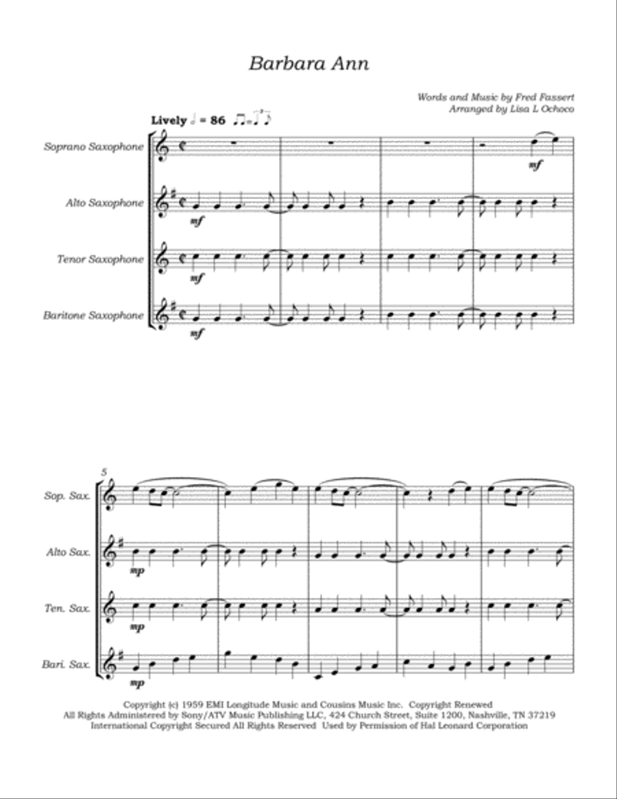 Barbara Ann Saxophone Quartet scores gallery preview page 5