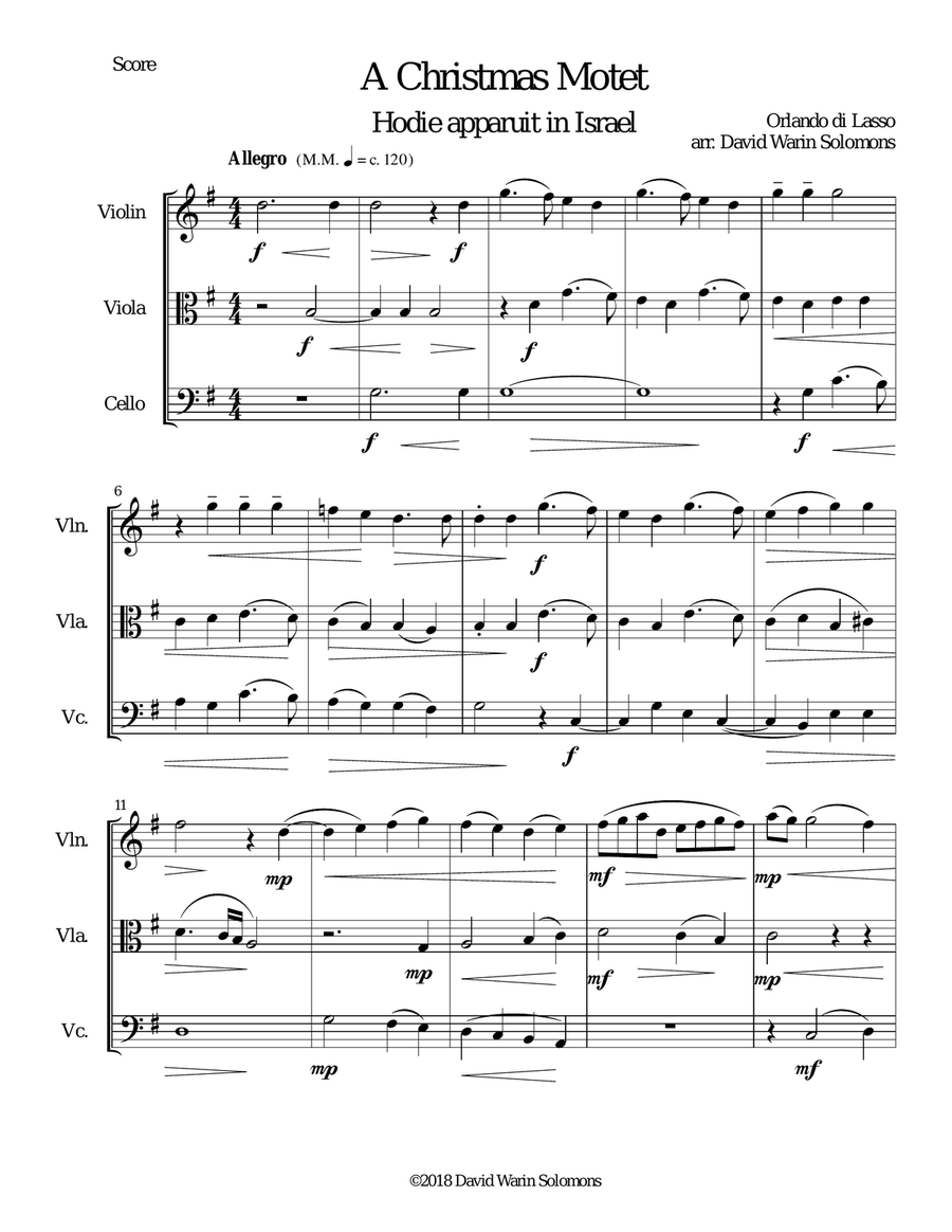 Christmas Motet (Hodie apparuit in Israel) for string trio String Trio scores gallery preview page 1