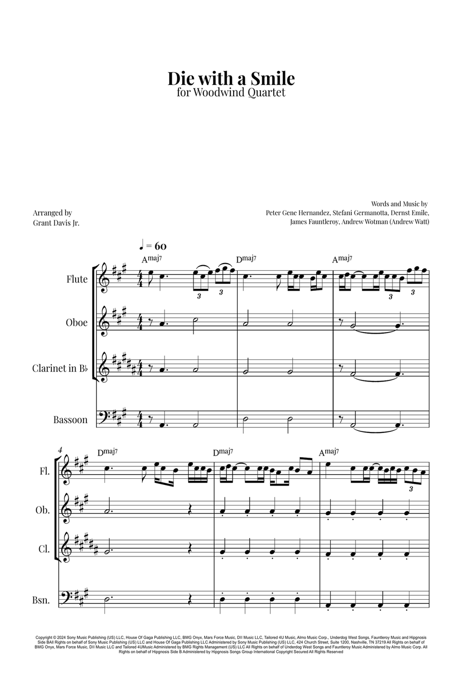 Die With A Smile Woodwind Quartet scores gallery preview page 1