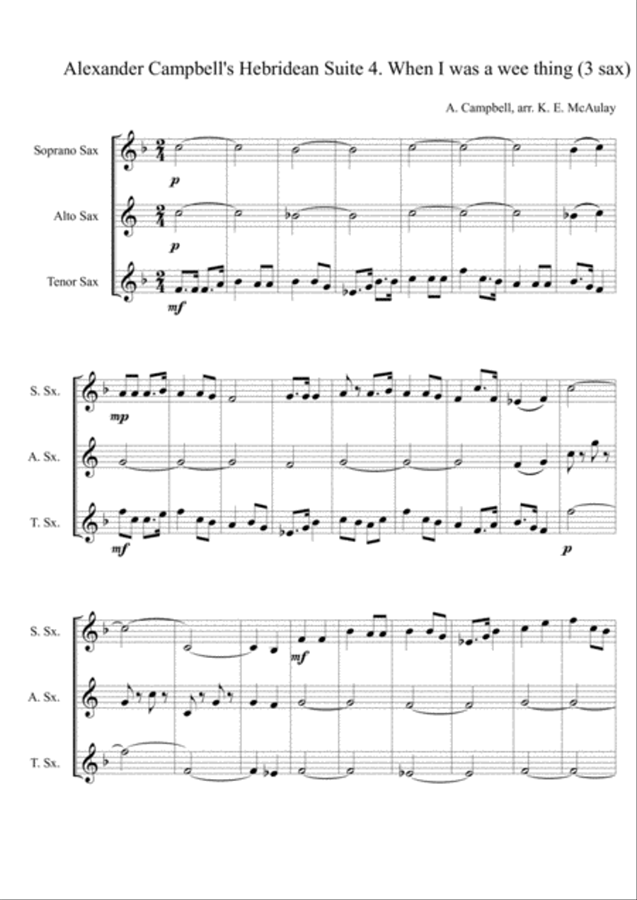 Alexander Campbell's Hebridean Suite for Saxophone Trio, 4th Movement, When I was a wee thing Woodwind Trio scores gallery preview page 1