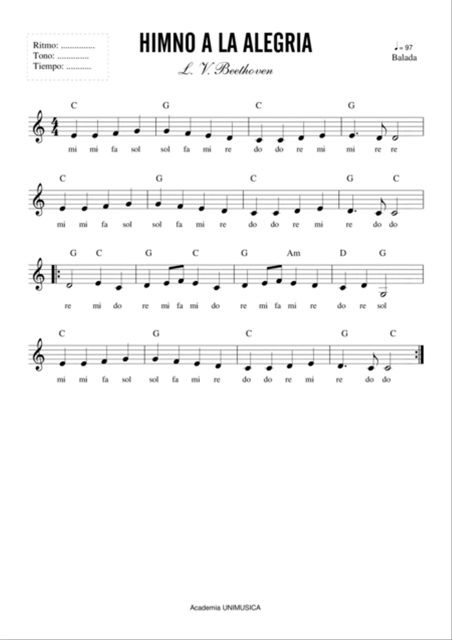 Ludwig Van Beethoven - Himno a la Alegria (Ode to Joy) Easy Piano scores gallery preview page 1