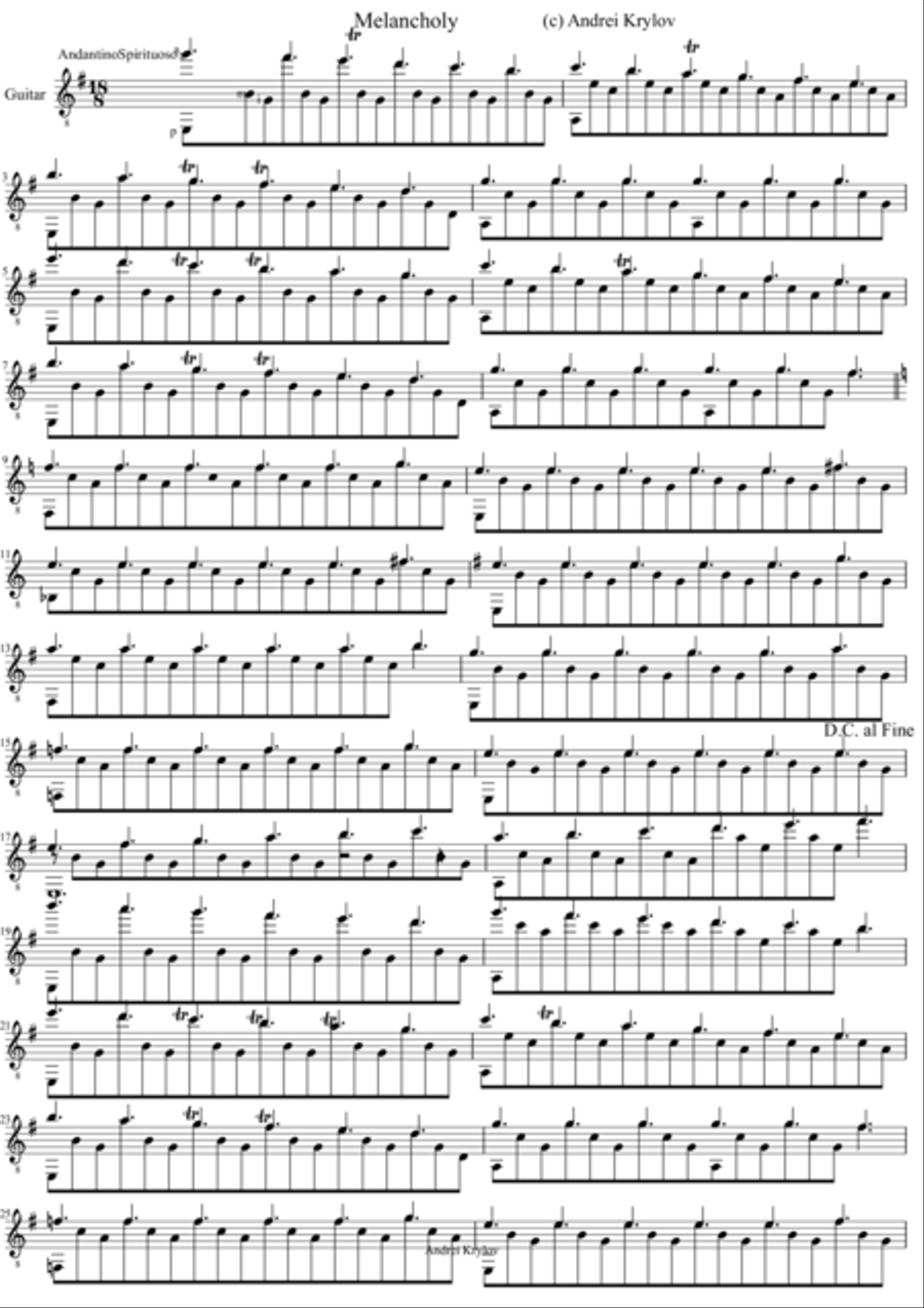 Melancholy, Russian Romance. Classical Guitar scores gallery preview page 1