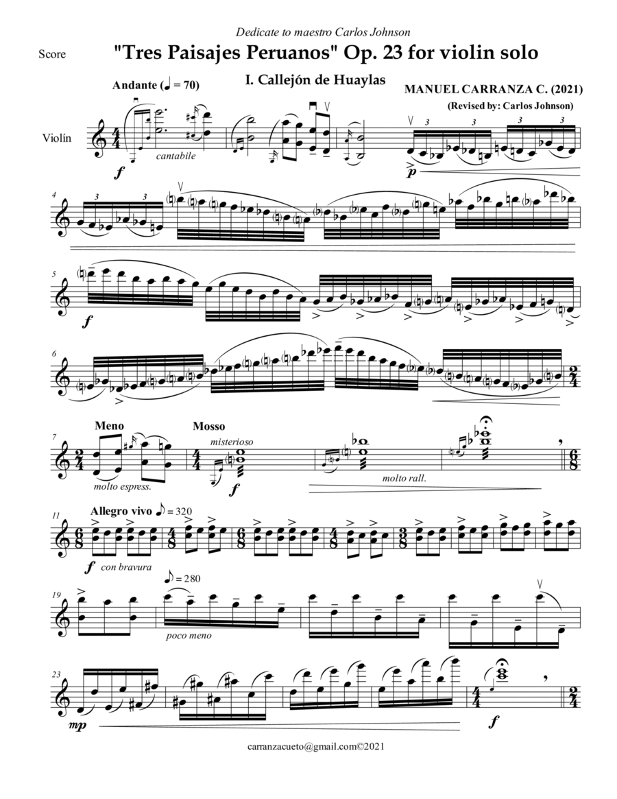 Tres Paisajes Peruanos Op. 23 for violin solo Violin Solo scores gallery preview page 1