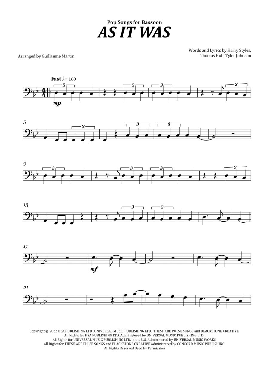As It Was Bassoon Solo scores gallery preview page 1